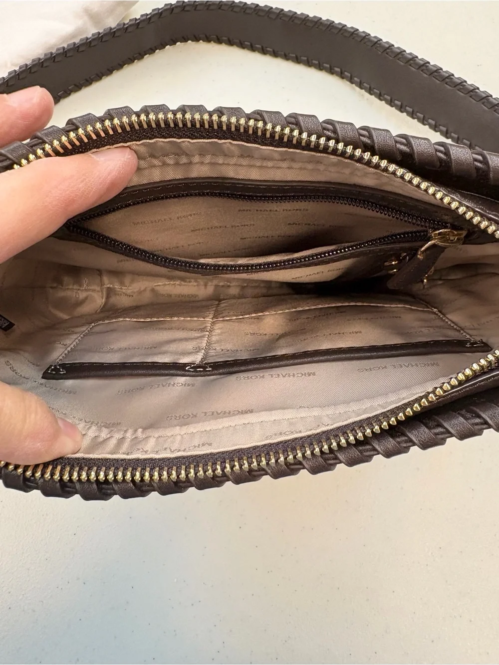 Michael Kors Medium Pocket Pack Crossbody Brown Leather Whipstitch Bag